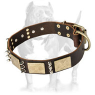 Gorgeous War Dog Leather Dog Collar Made with Massive Brass Plates+3 Spikes Gorgeous War Dog Leather Dog Collar Made with Massive Brass Plates+3 Spikes