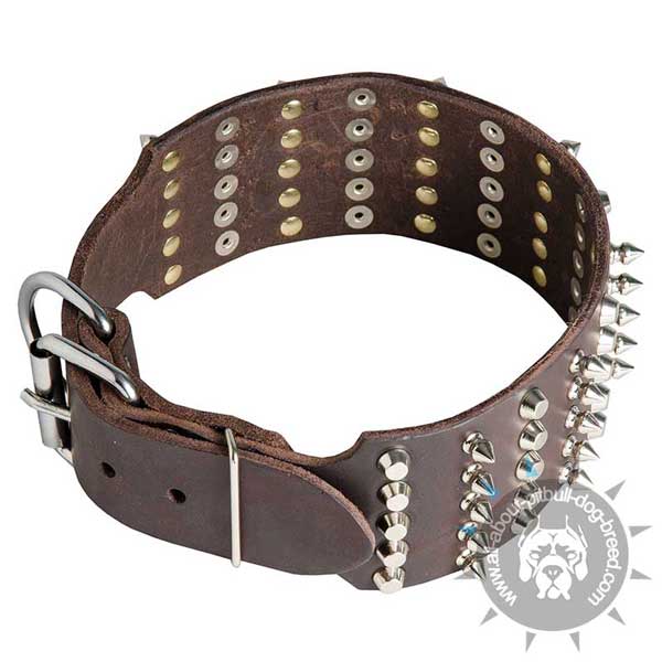 Wide Leather Pitbull Collar with Riveted Spikes and Pyramids
