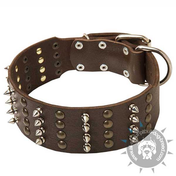 Wide Buckled Leather Pitbull Collar with Riveted Fittings