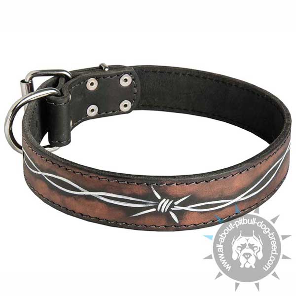 Leather Pitbull Collar Hand Painted with Barbed Wire