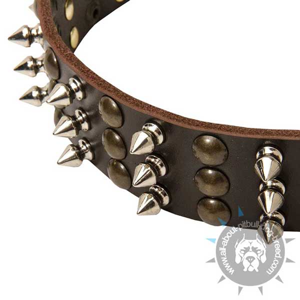 Durable Leather Collar with 3 Rows of Spikes and Studs