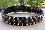 3 Rows Leather Dog Collar with Pyramids and Studs-Studded collar 3 Rows Leather Dog Collar with Pyramids and Studs-Studded collar