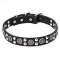 'Galactic Style' Leather Collar with Engraved Circles and Round Studs of Chrome Plated Steel