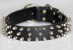 Black Deluxe Spiked Leather Dog Collar - 3 Rows of spikes