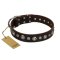 "Gorgeous Shields" FDT Artisan Brown Leather Pitbull Collar with Old Silver-like Circles and Small Camomiles