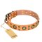 'Sophisticated Glamour' FDT Artisan Tan Leather PitBull Collar with Fashionable Old-Bronze Plated Decorations