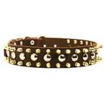 3 Rows Leather Dog Collar with Nickel Studs and Brass Spikes