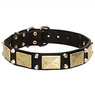 One-of-a-kind Leather Dog Collar Decorated with Brass Massive Plates + 2 Nickel Pyramids