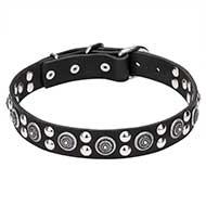 'Galactic Style' Leather Collar with Engraved Circles and Round Studs of Chrome Plated Steel
