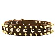 3 Rows Leather Dog Collar with Nickel Studs and Brass Spikes