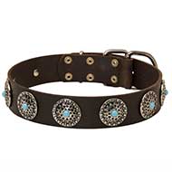 Leather Dog Collar with Silver Plated Circles and Blue Stones