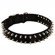 Black Colored Nylon Spiked Dog Collar - Custom Made Dog Collar With 2 Rows of Fancy Spikes