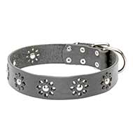 "Flower Blues" Leather Pitbull Collar with Stunning Decor "Flower Blues" Leather Pitbull Collar with Stunning Decor