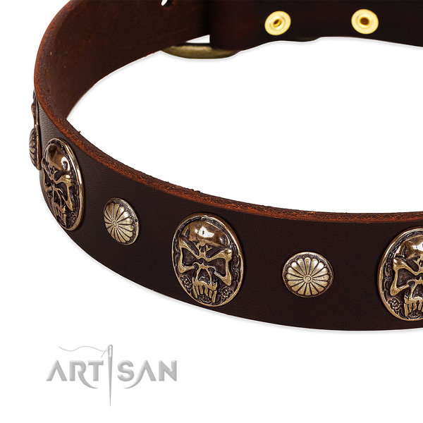 Natural genuine leather dog collar with decorations for everyday use