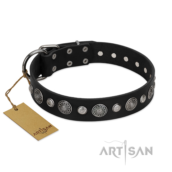 Strong genuine leather dog collar with top notch studs