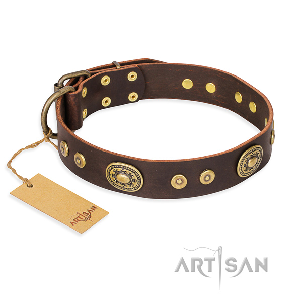 Full grain genuine leather dog collar made of reliable material with corrosion proof fittings