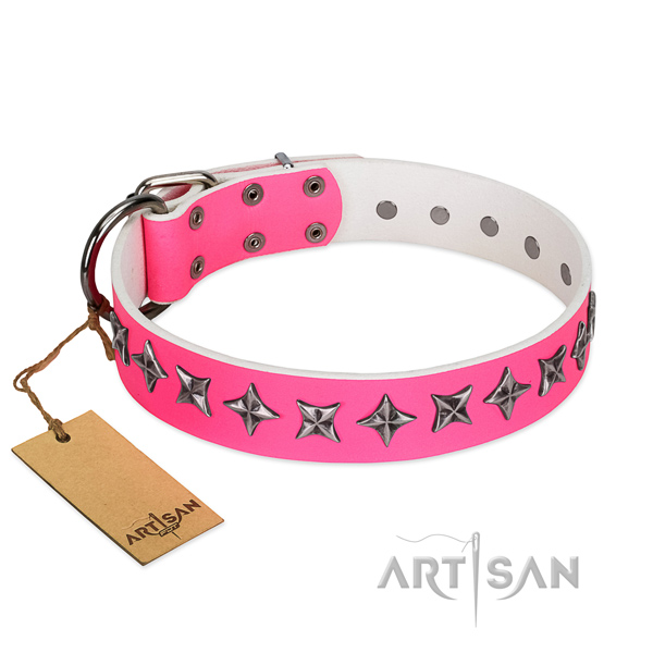 Strong full grain natural leather dog collar with stylish design decorations