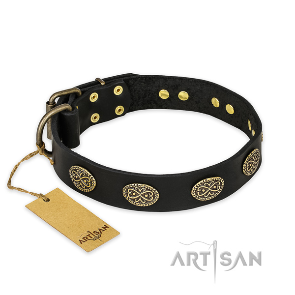 Stylish full grain natural leather dog collar with corrosion resistant D-ring
