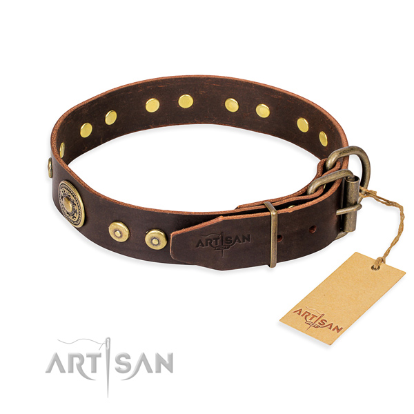 Full grain leather dog collar made of soft to touch material with corrosion resistant decorations