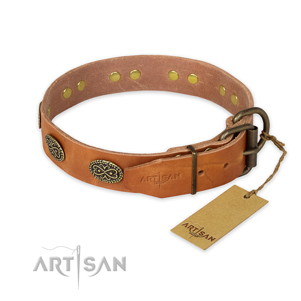 Strong D-ring on full grain genuine leather collar for basic training your pet