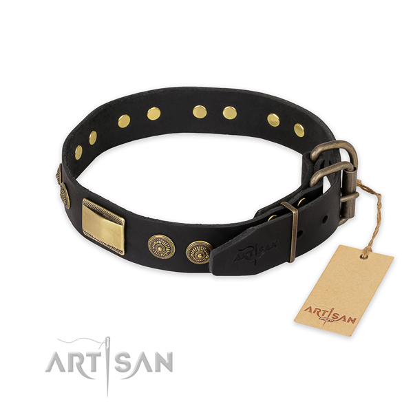 Rust resistant D-ring on natural genuine leather collar for stylish walking your canine