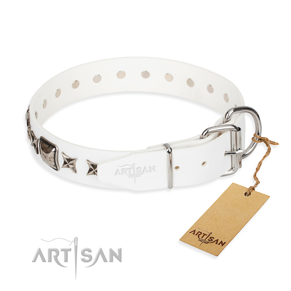 Durable adorned dog collar of full grain natural leather