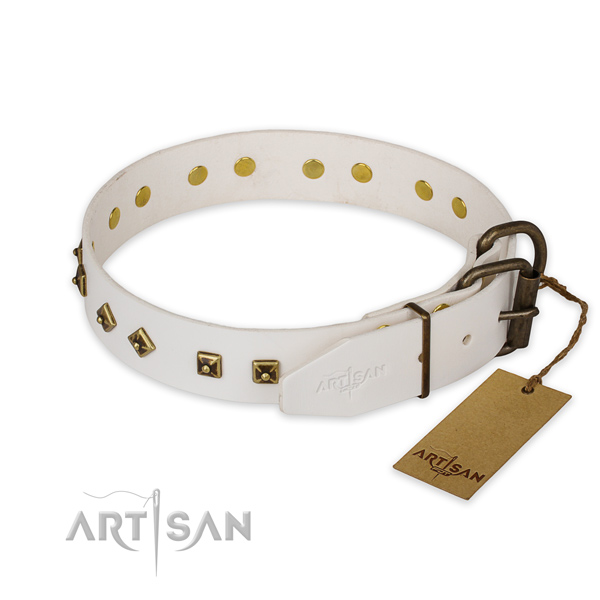 Corrosion resistant fittings on full grain genuine leather collar for walking your doggie