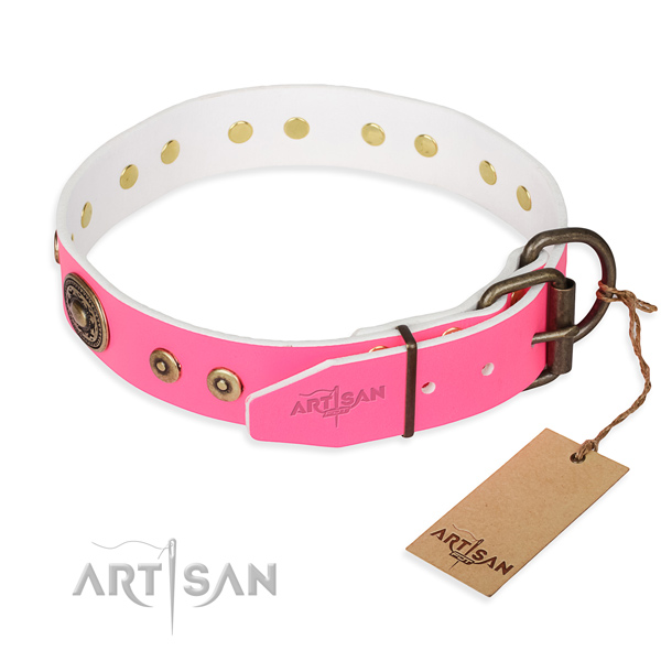 Full grain natural leather dog collar made of flexible material with rust resistant decorations
