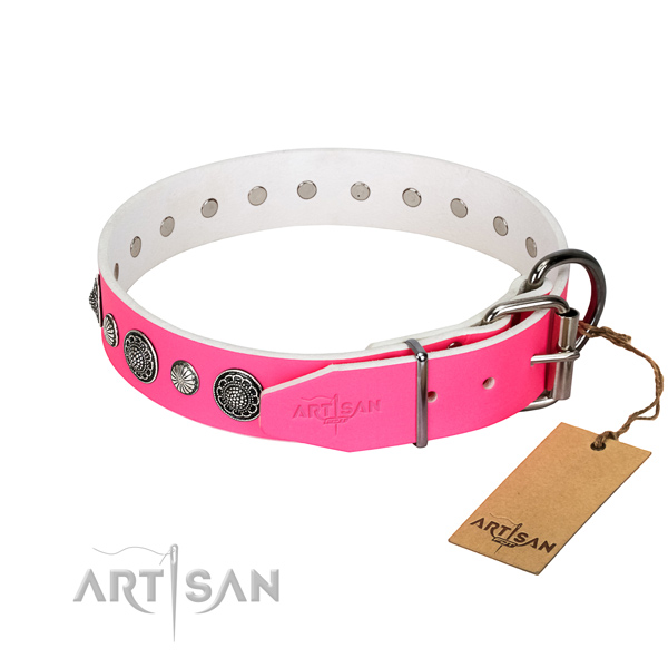 Soft to touch Full grain natural leather dog collar with corrosion resistant traditional buckle