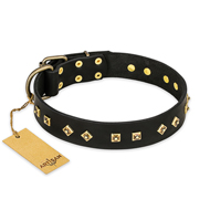 "Rhomb Style" FDT Artisan Decorated Leather Pitbull Collar with Old Bronze-Plated Studs 1 1/2 inch (40 mm) Wide