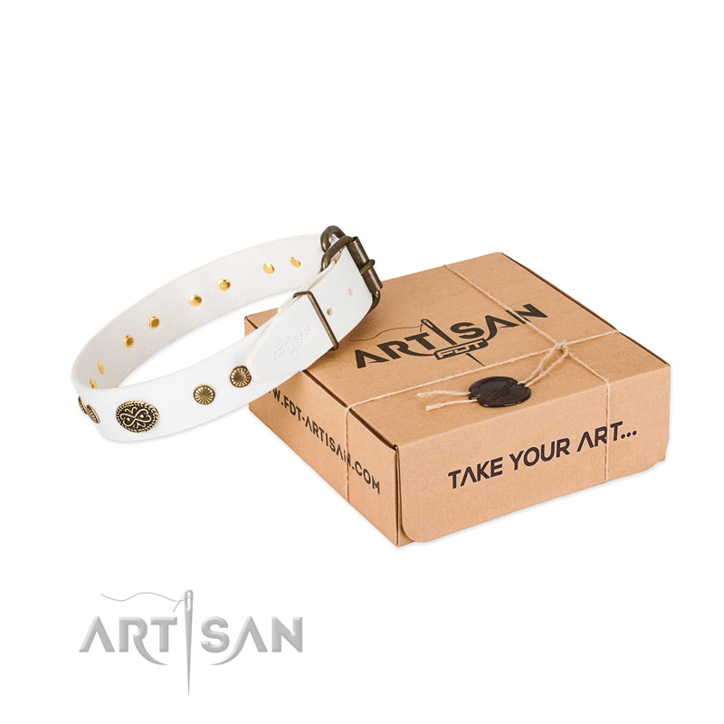 Corrosion proof decorations on natural leather dog collar for your doggie