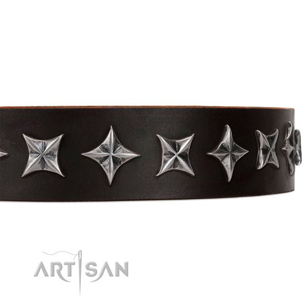 Daily use embellished dog collar of reliable full grain genuine leather