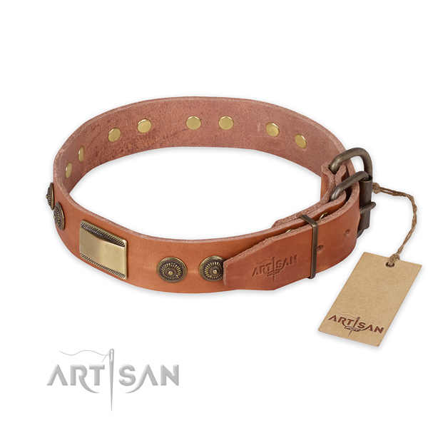 Durable hardware on full grain genuine leather collar for walking your doggie