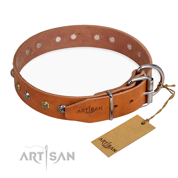 Full grain genuine leather dog collar with impressive durable decorations