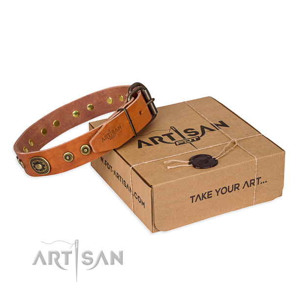 Full grain leather dog collar made of gentle to touch material with corrosion proof D-ring