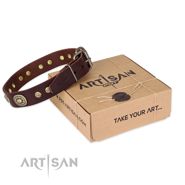 Strong traditional buckle on genuine leather dog collar for comfy wearing