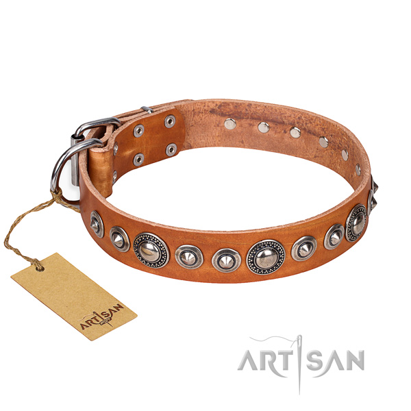 Natural genuine leather dog collar made of gentle to touch material with durable buckle