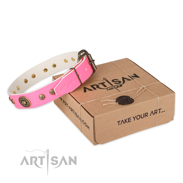 Rust resistant D-ring on natural genuine leather dog collar for daily walking