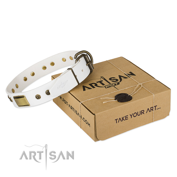 Convenient full grain natural leather collar for your lovely four-legged friend