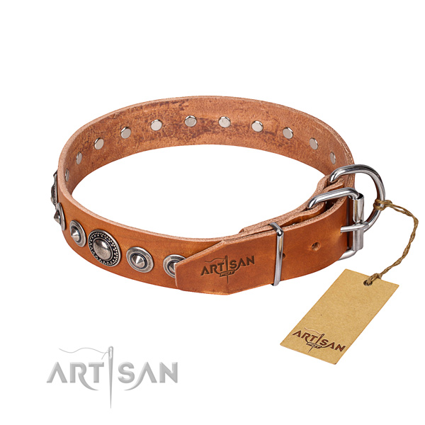 Natural genuine leather dog collar made of reliable material with reliable adornments