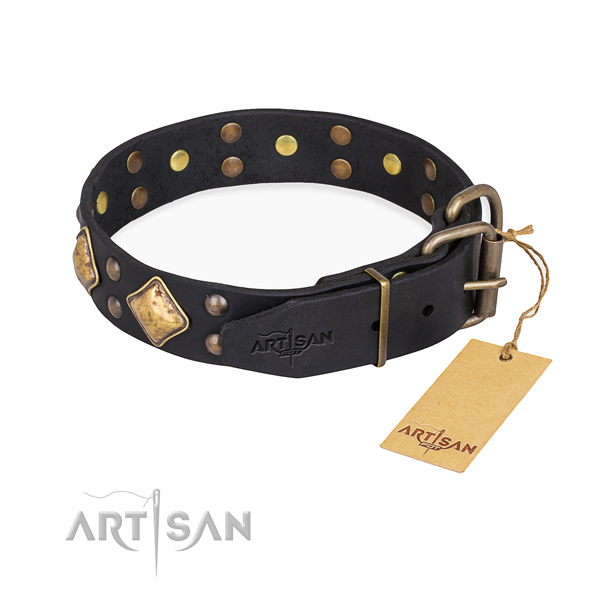 Natural genuine leather dog collar with stylish rust-proof embellishments
