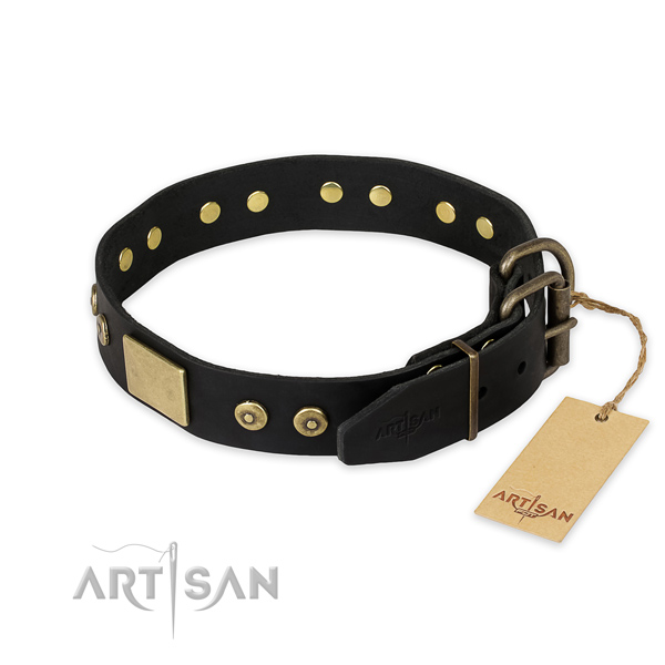 Corrosion resistant D-ring on full grain natural leather collar for stylish walking your four-legged friend