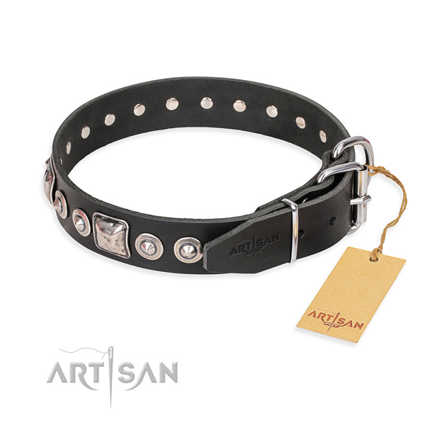 Genuine leather dog collar made of gentle to touch material with strong embellishments