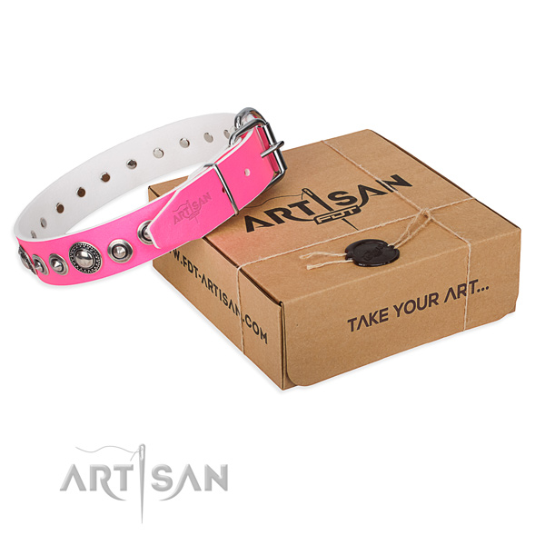 Full grain leather dog collar made of soft to touch material with corrosion resistant fittings