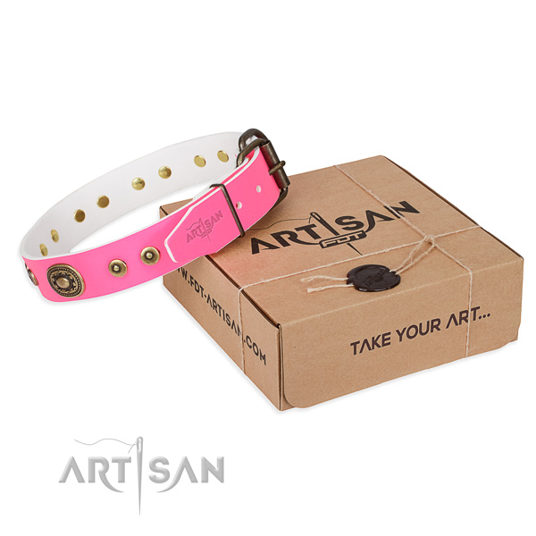 Leather dog collar made of soft to touch material with strong buckle