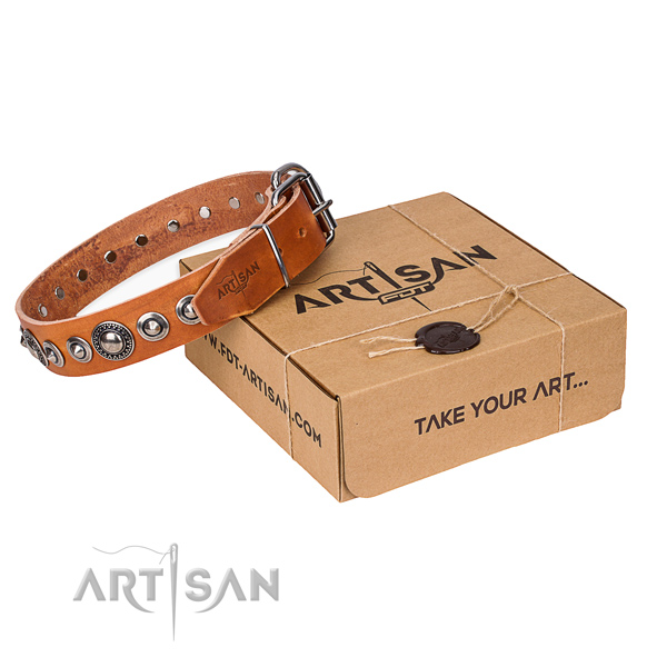 Leather dog collar made of soft material with reliable D-ring