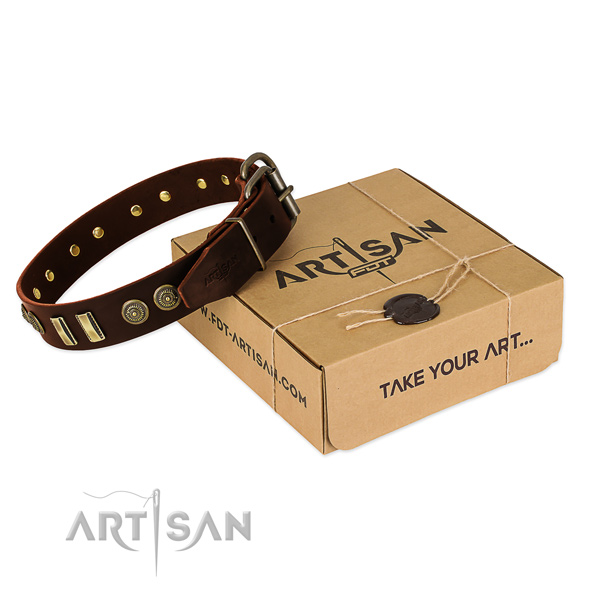 Corrosion resistant D-ring on full grain genuine leather dog collar for your four-legged friend