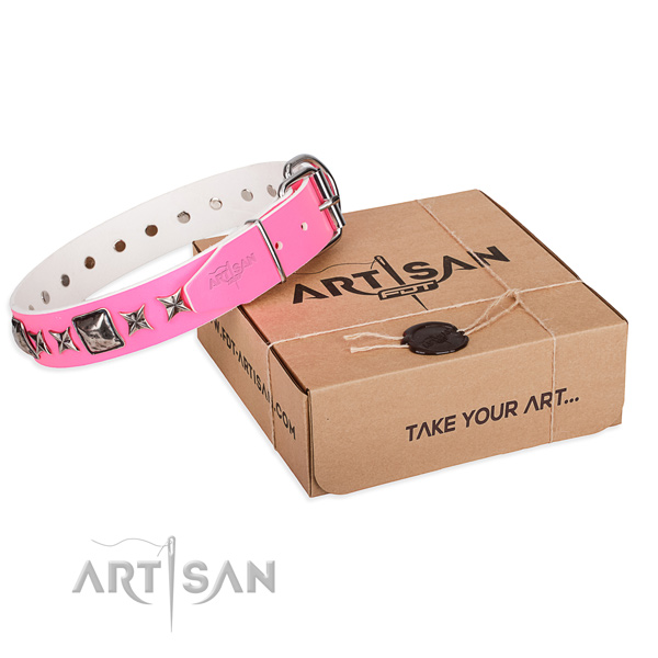 Daily walking full grain genuine leather dog collar with decorations
