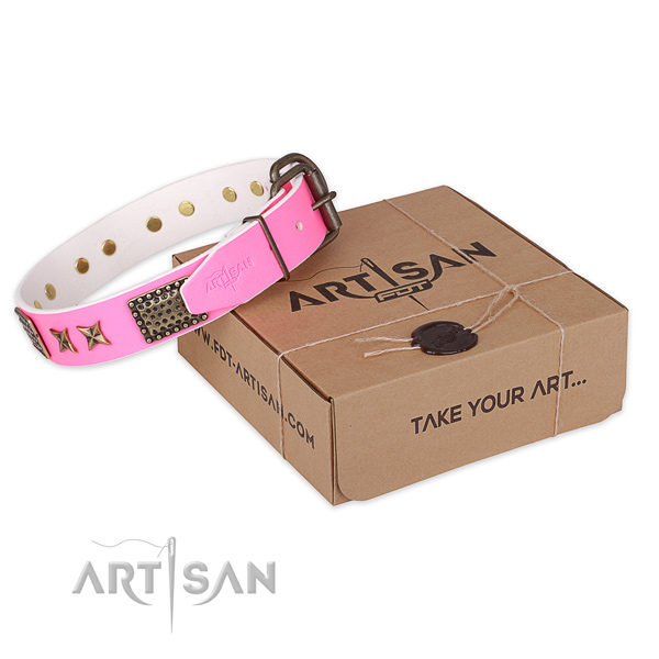 Corrosion resistant D-ring on full grain genuine leather collar for your handsome dog