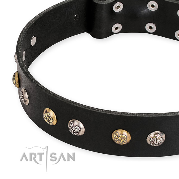 Natural genuine leather dog collar with unique reliable decorations